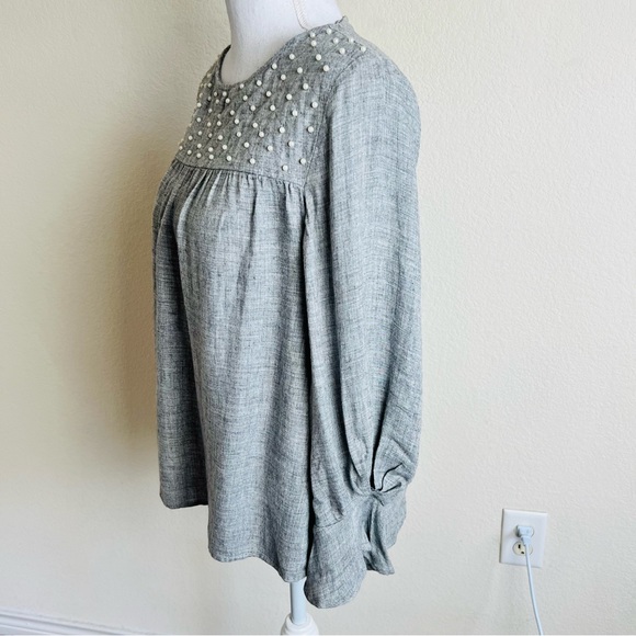 Zara Basic Grey Pearl Embellished Long Sleeve Blouse - Picture 3 of 15